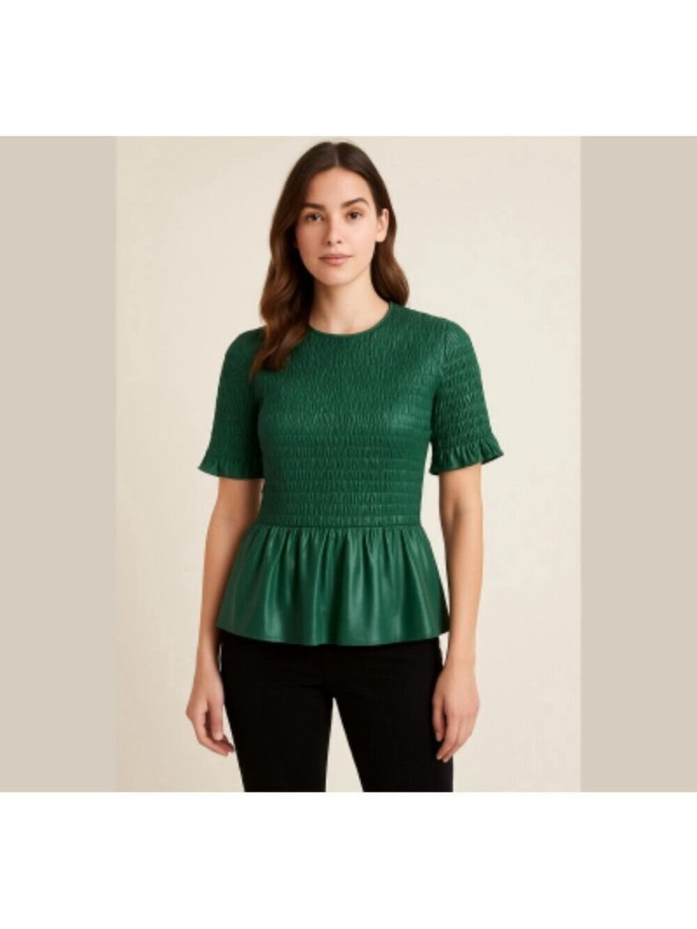 Zara women vegan leather smoked blouse pleated peplum design size M